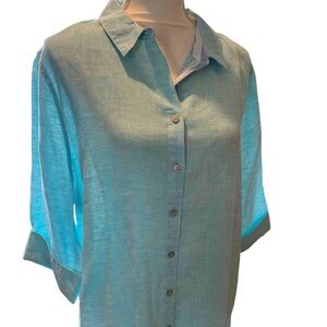 Chico's Aqua Linen No Iron Button-Down Shirt NWT
